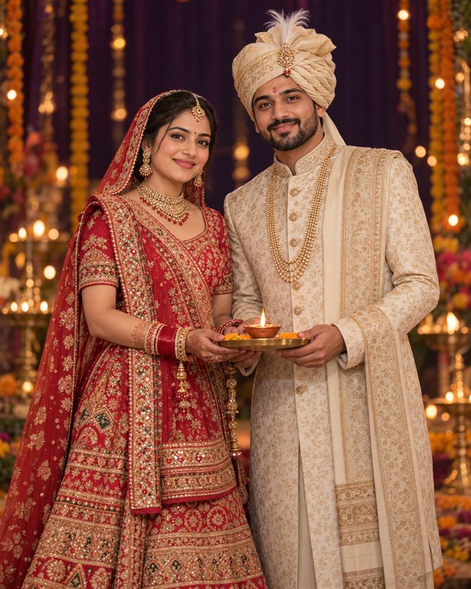 Illustrative Indian bride and groom holding a glowing Diwali diya